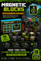 Promotional graphic for Magnetic Blocks toy set, showing the retail box, assembled Minecraft-style structures, and feature icons on a dark illustrated background. Text highlights 46 English pieces, STEM learning, safety, and fun for all ages.