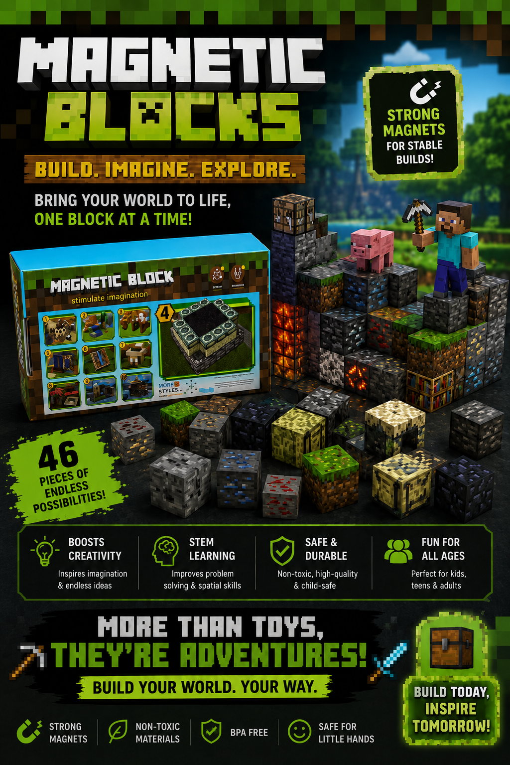 Promotional graphic for Magnetic Blocks toy set, showing the retail box, assembled Minecraft-style structures, and feature icons on a dark illustrated background. Text highlights 46 English pieces, STEM learning, safety, and fun for all ages.