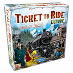 Ticket to Ride Europe board game box by Alan R. Moon, featuring vintage illustrated characters, a steam locomotive, mountains, and a station scene on a white background.
