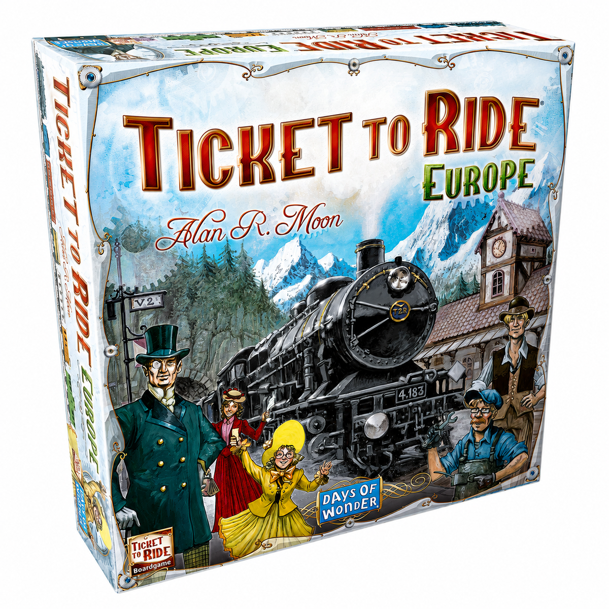 Ticket to Ride Europe board game box by Alan R. Moon, featuring vintage illustrated characters, a steam locomotive, mountains, and a station scene on a white background.